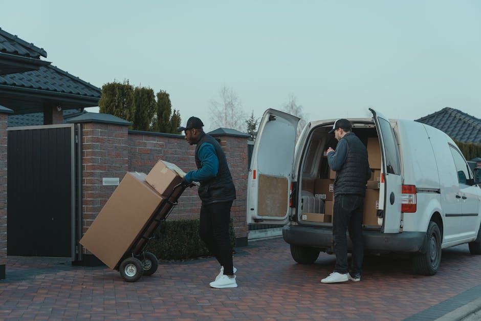 Two delivery personnel are loading boxes from a white delivery van parked on a brick driveway in a residential area. The first person, wearing a black cap, glasses, a dark puffer vest, and white sneak